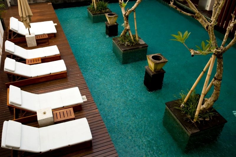 A wooden pool deck
