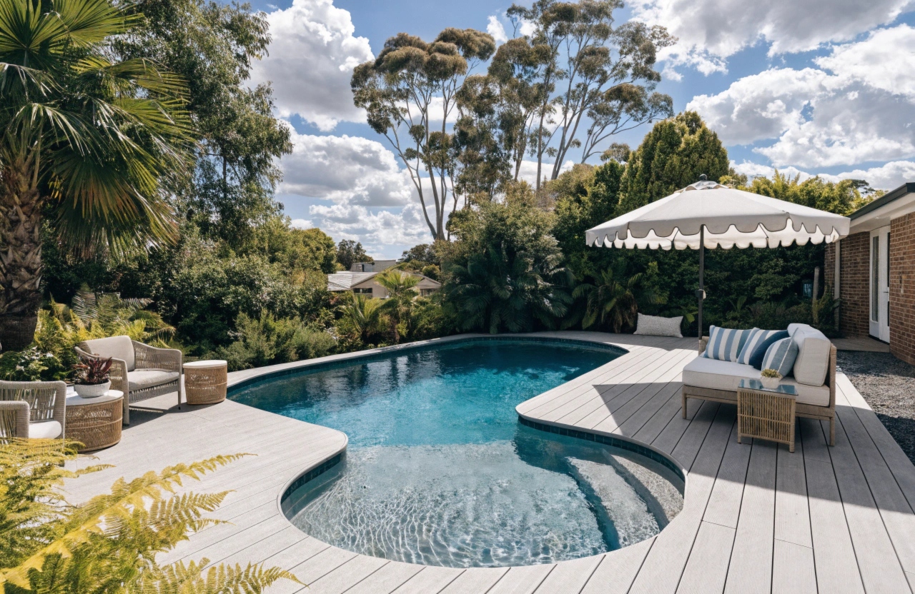 a-beautifully-finished-composite-pool-deck-surroun Composite pool decking installation around a residential swimming pool in Adelaide
