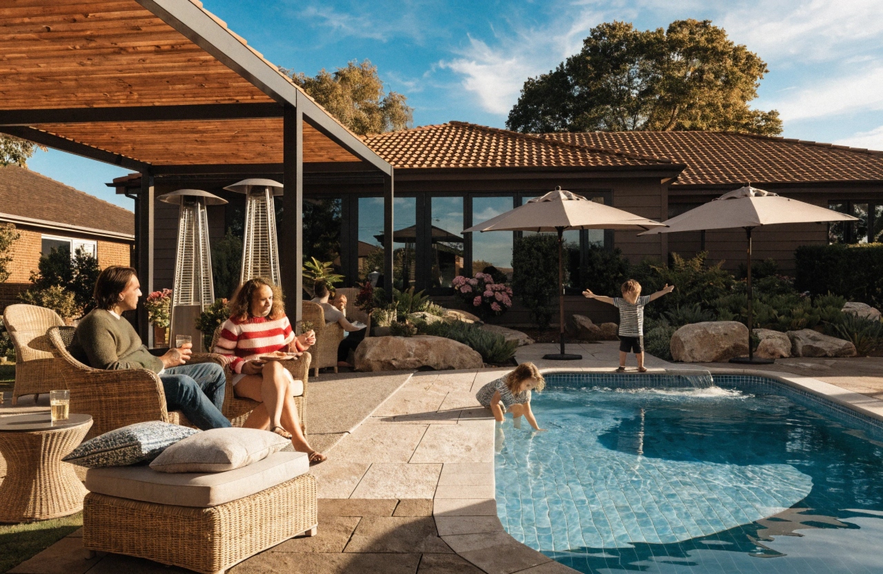 Family using an integrated alfresco and pool deck area at an Adelaide suburban home