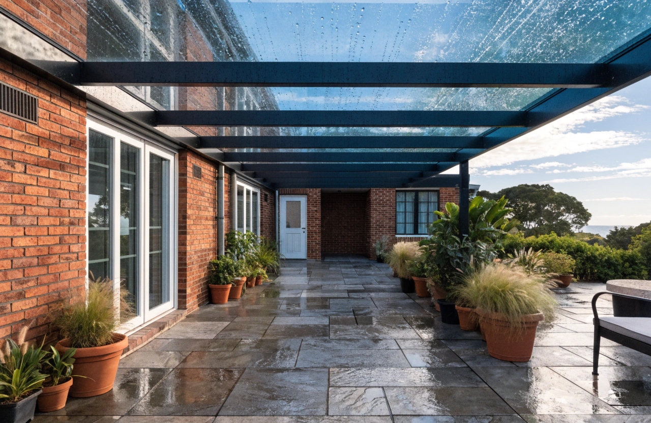 Flat roof pergola with tinted polycarbonate panels attached to an Adelaide brick home