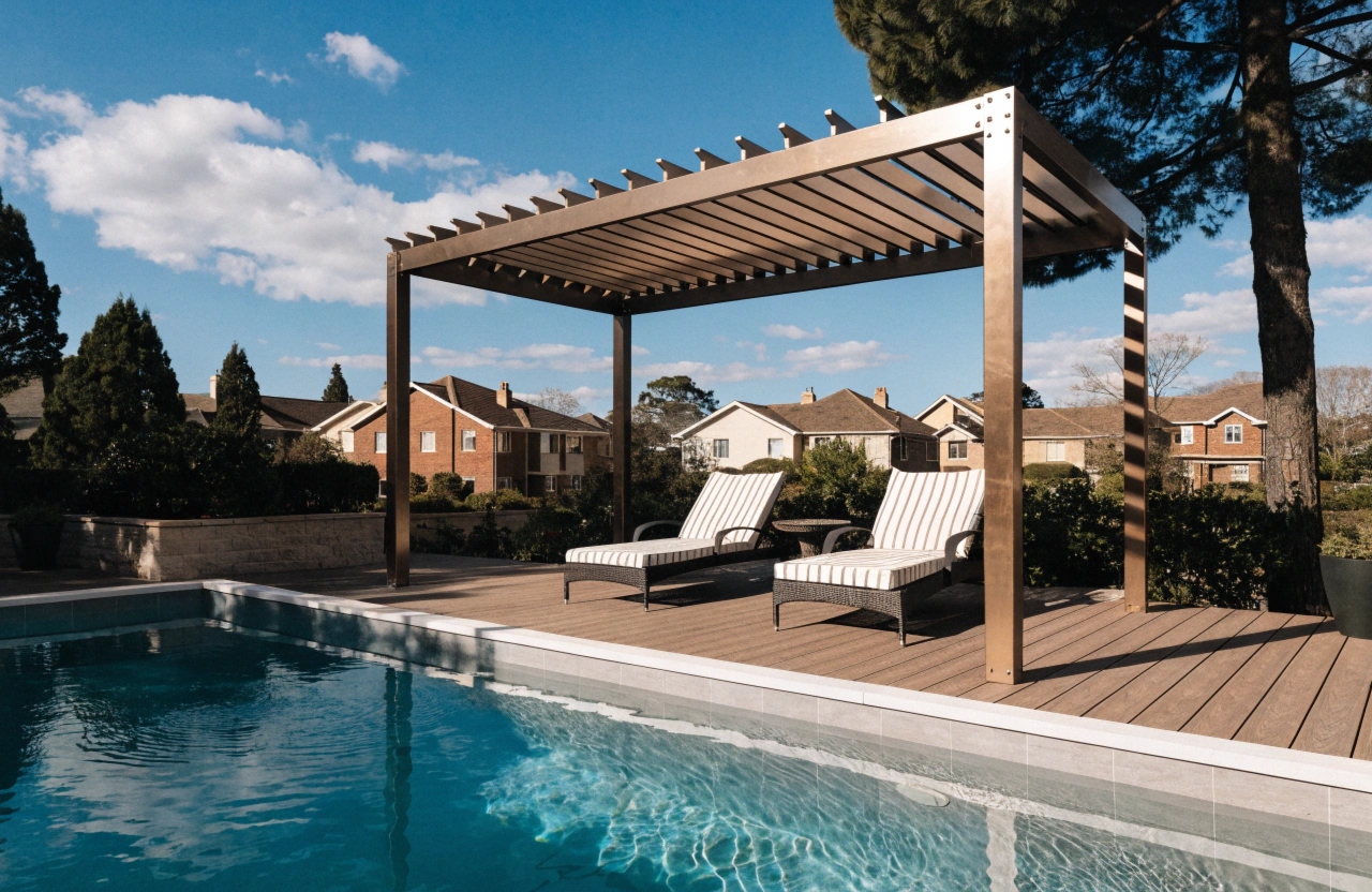 Freestanding louvre pergola beside a backyard pool in Adelaide