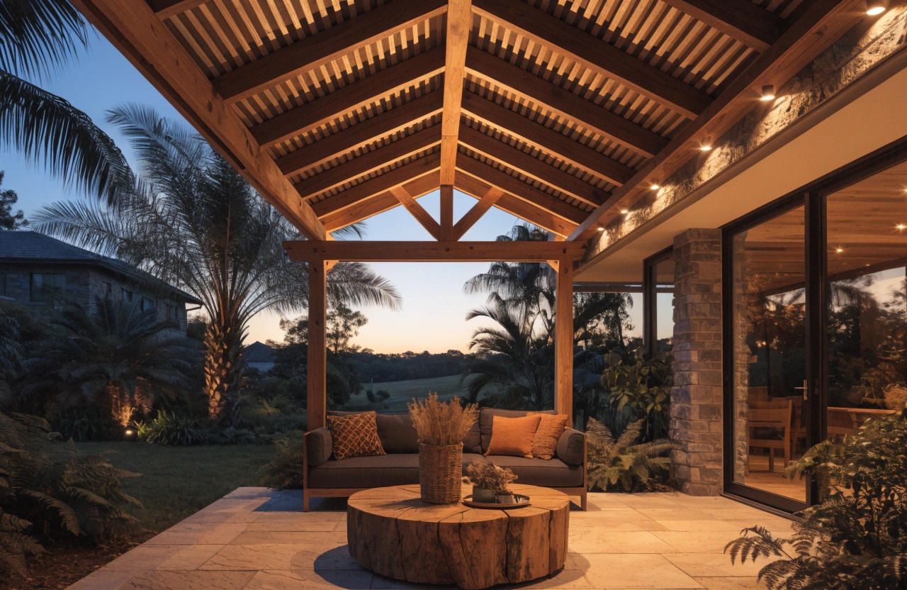 Gabled timber pergola with integrated lighting over an Adelaide outdoor entertaining area