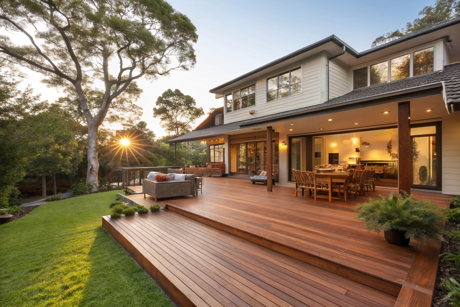 Completed timber deck extension on Adelaide suburban home with outdoor furniture and garden surrounds