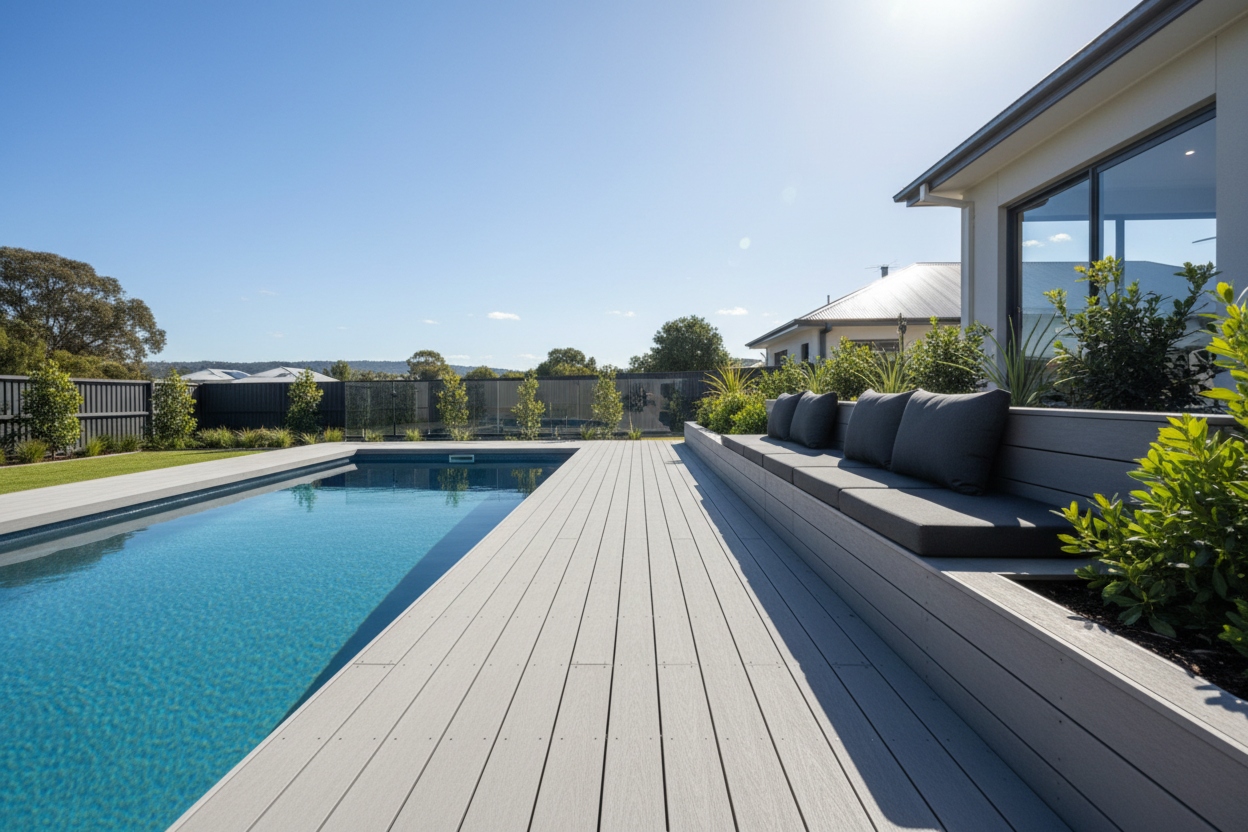 Custom composite deck and built-in seating beside a residential pool in Adelaide