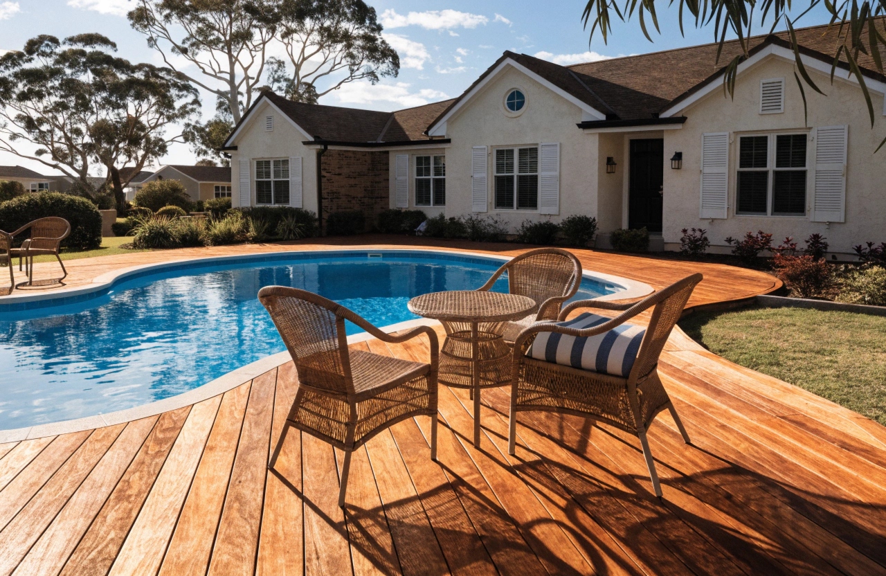 Merbau timber pool deck surrounding an in-ground pool at an Adelaide home