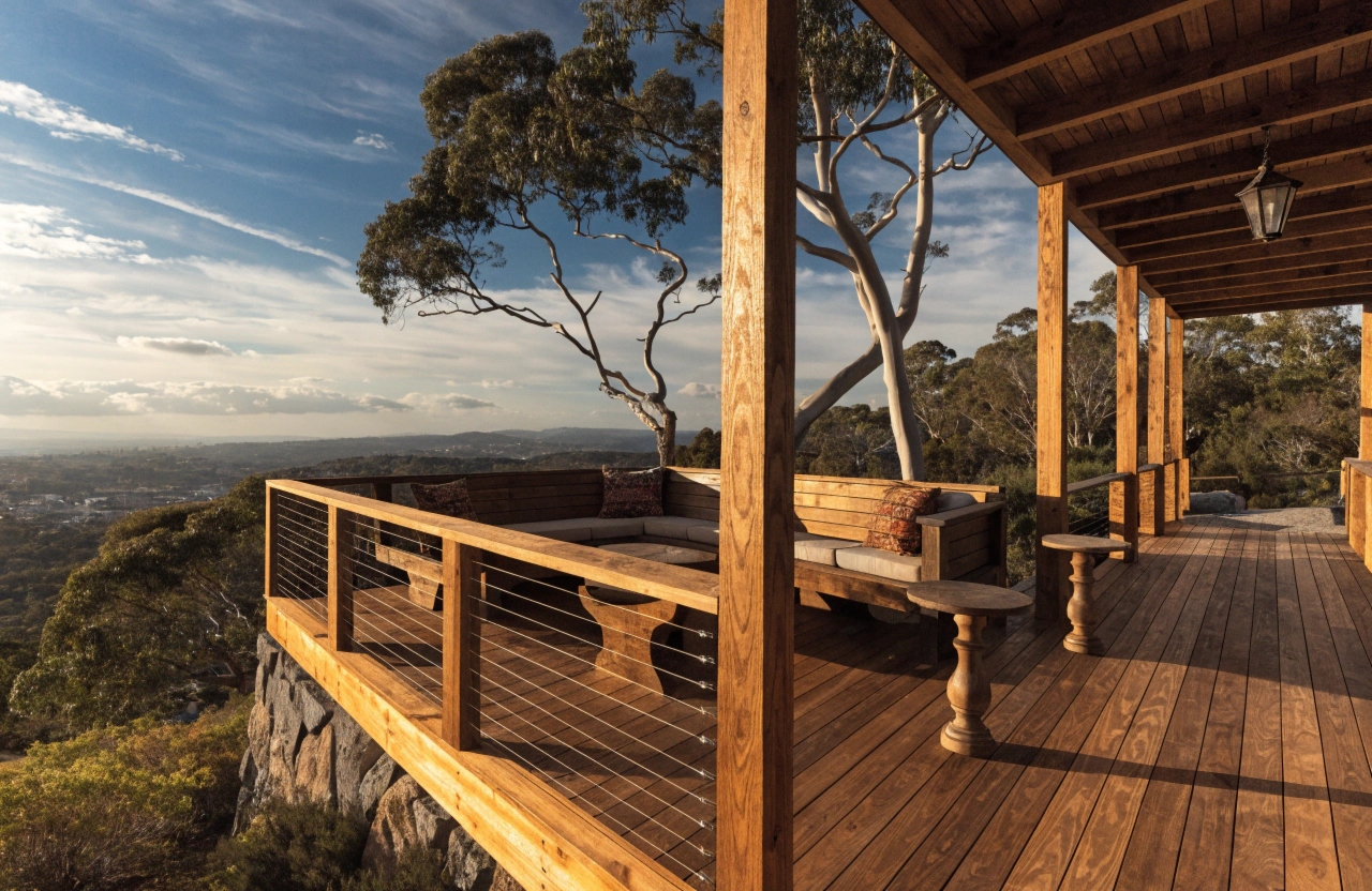 Elevated custom deck with cable balustrade on Adelaide Hills property