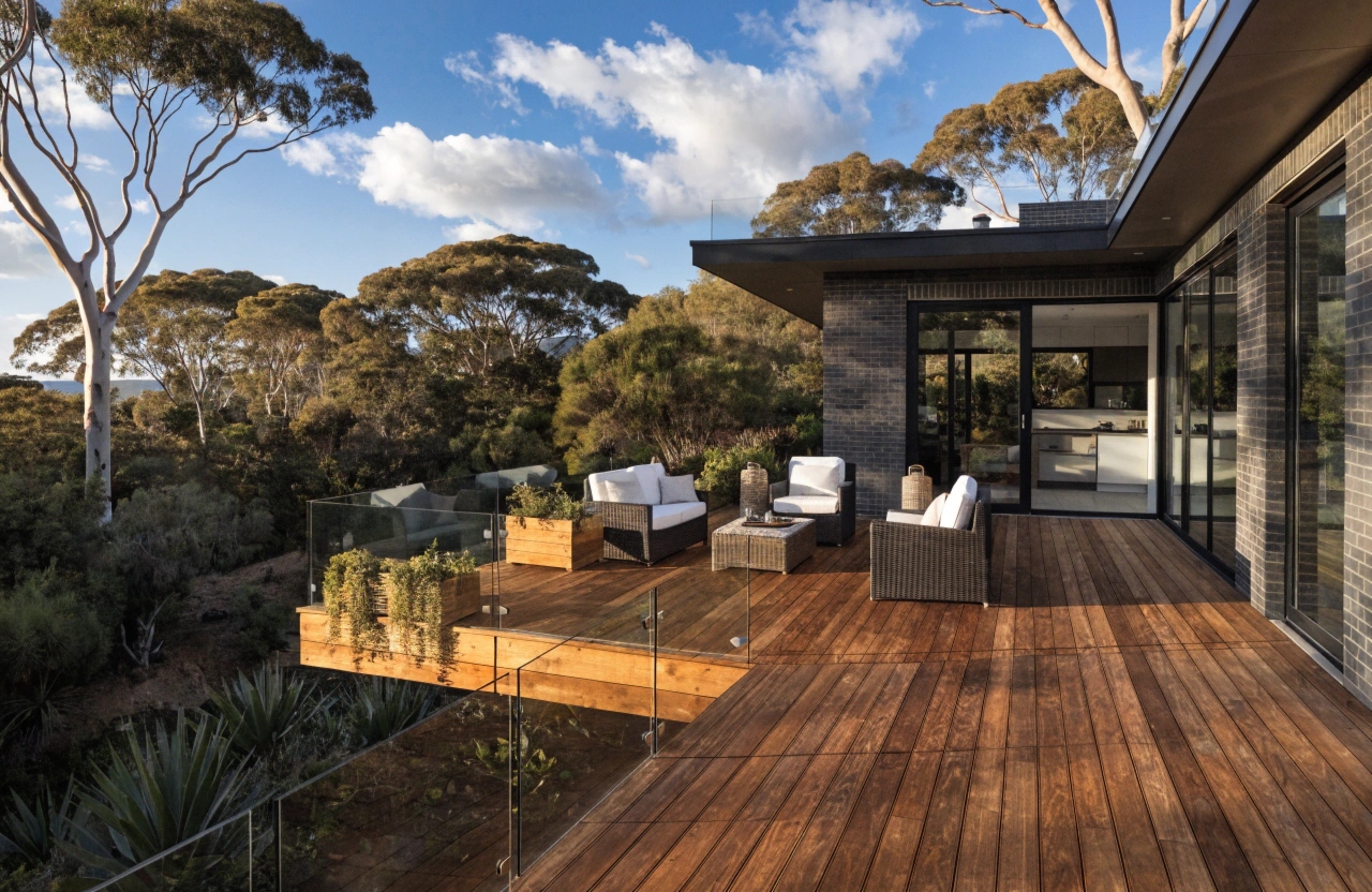 Multi-level custom timber deck built on a sloped block in Adelaide Hills