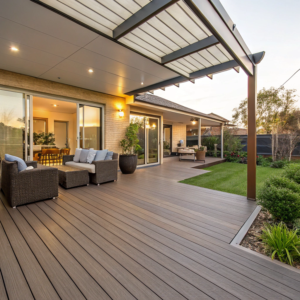 Composite decking installed on an Adelaide entertainer area with outdoor furniture and pergola