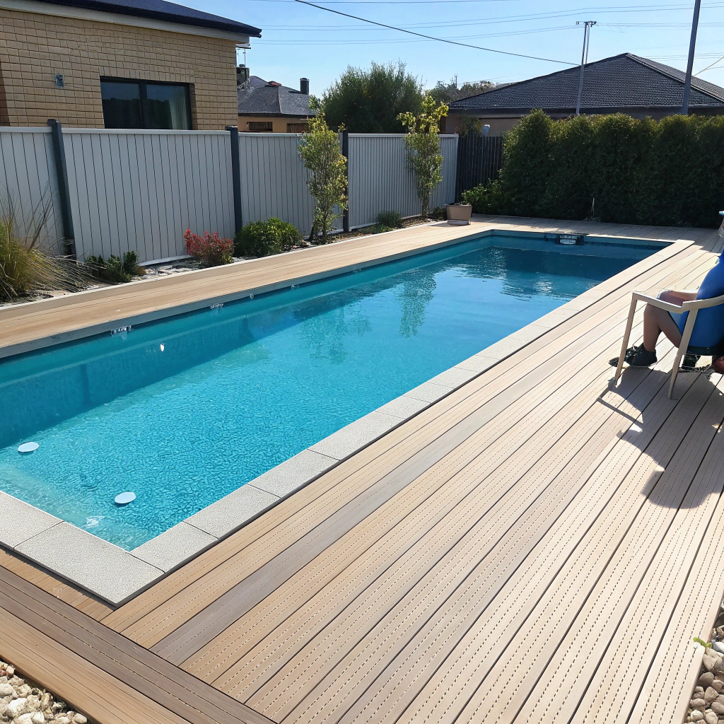 Slip-resistant composite pool decking installed around a residential Adelaide swimming pool
