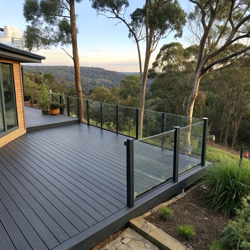 Elevated composite deck with glass balustrade overlooking an Adelaide Hills backyard
