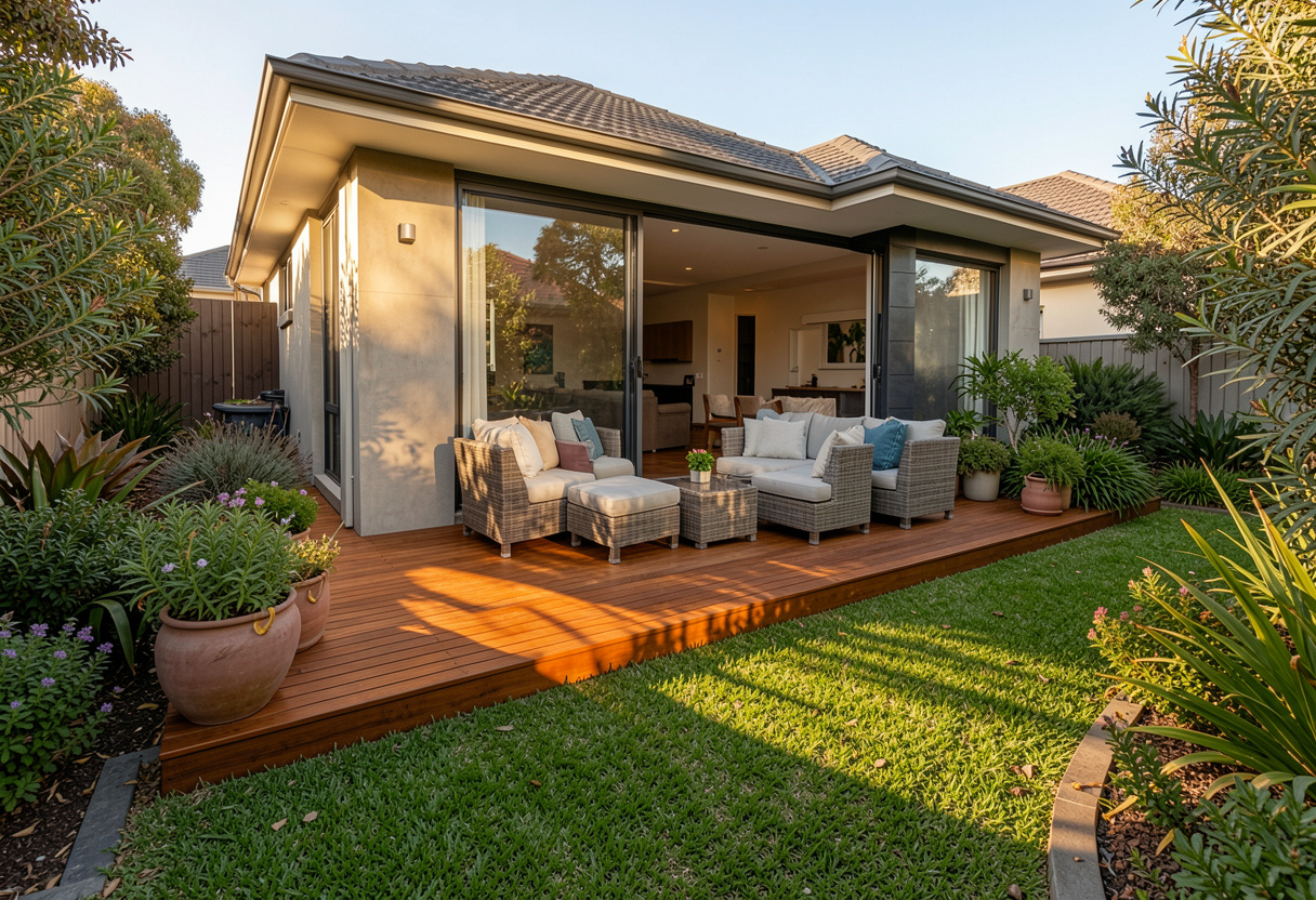 freshly completed ground-level timber deck