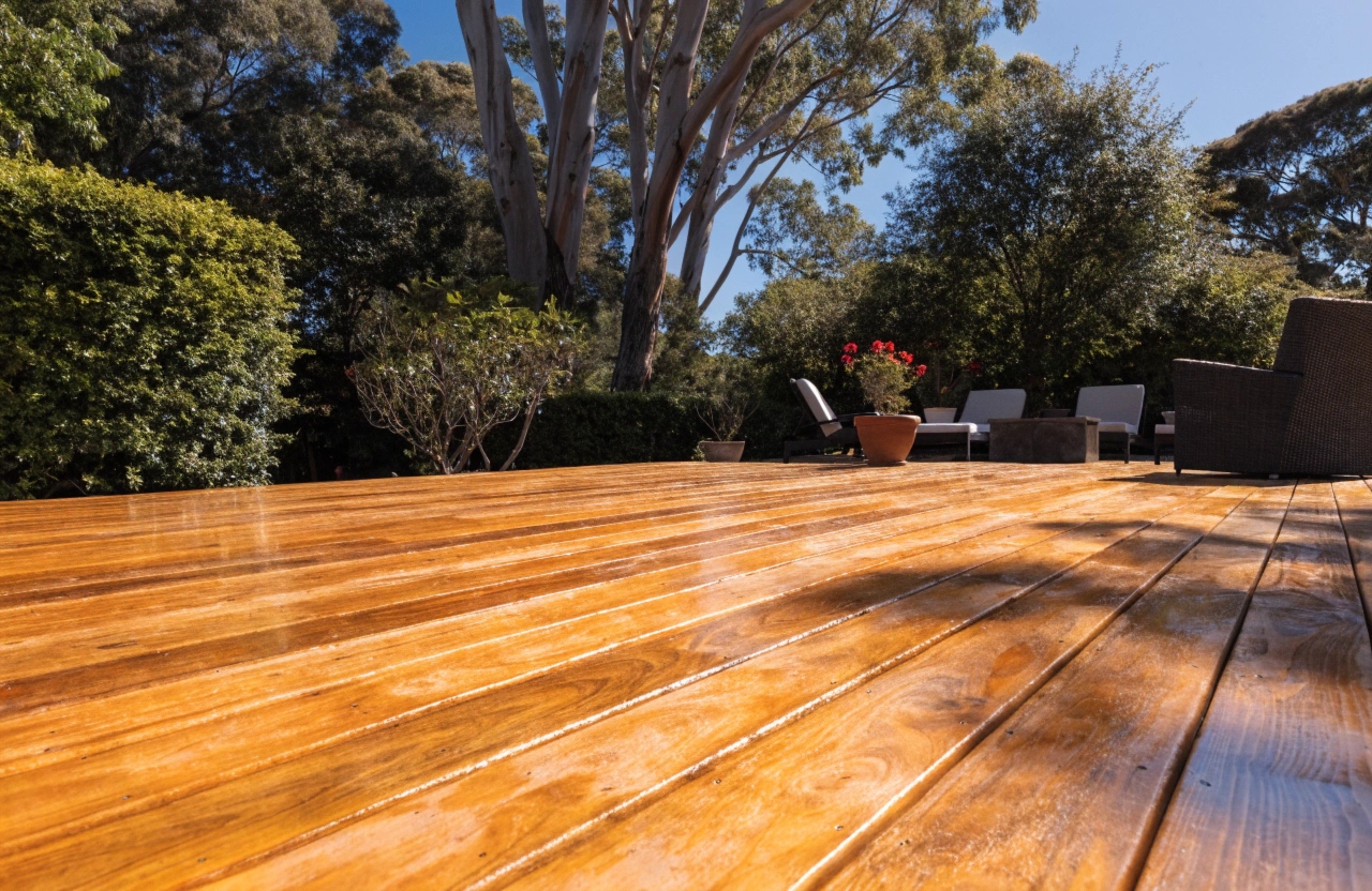 Freshly restored and oiled hardwood timber deck in Adelaide backyard after professional sanding and finishing