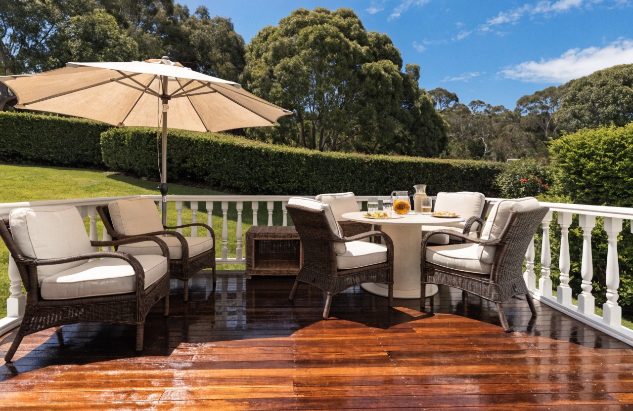 Restored Adelaide suburban deck with fresh timber finish and outdoor entertaining area in bright summer daylight