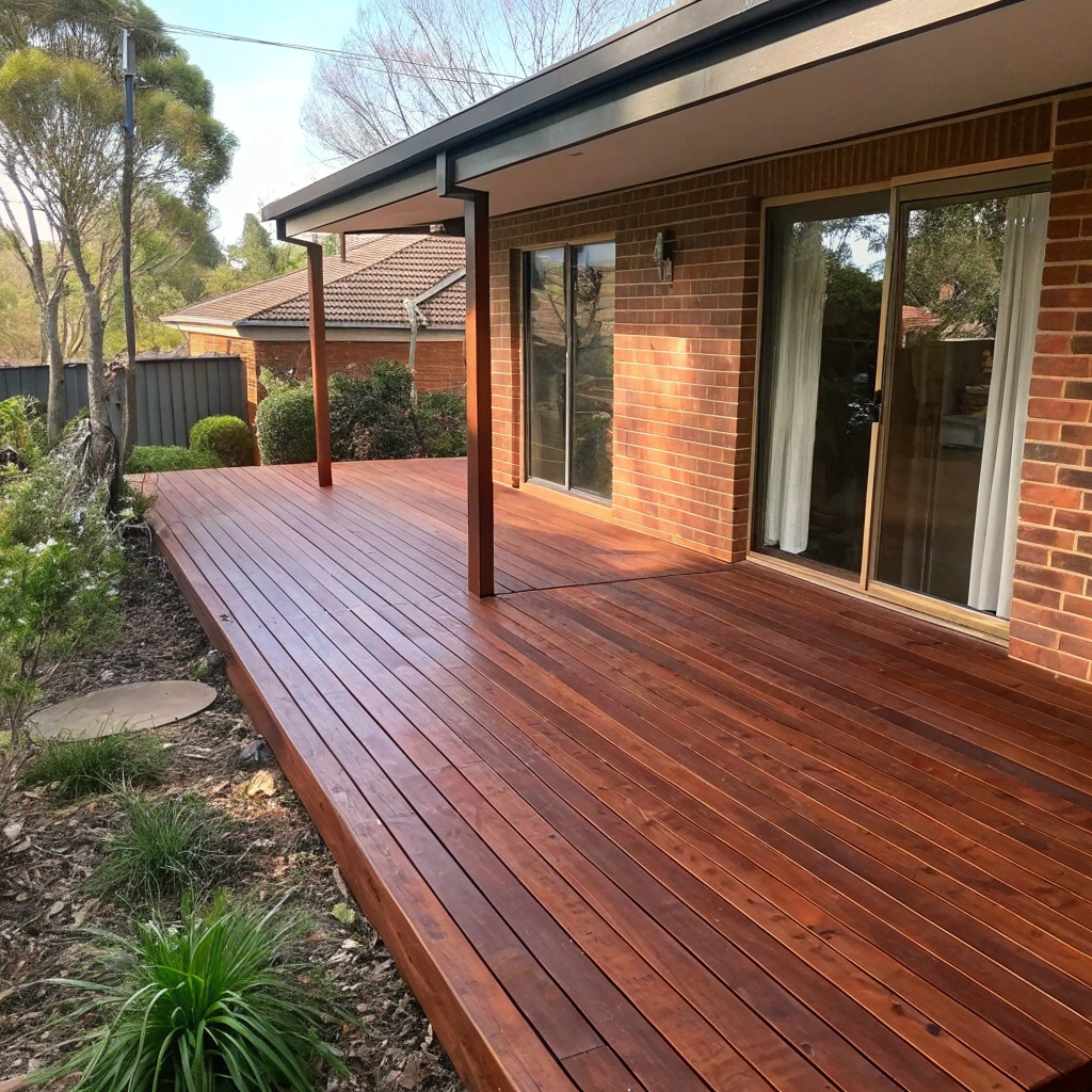 Completed Merbau timber deck Adelaide — warm afternoon light with established garden backdrop