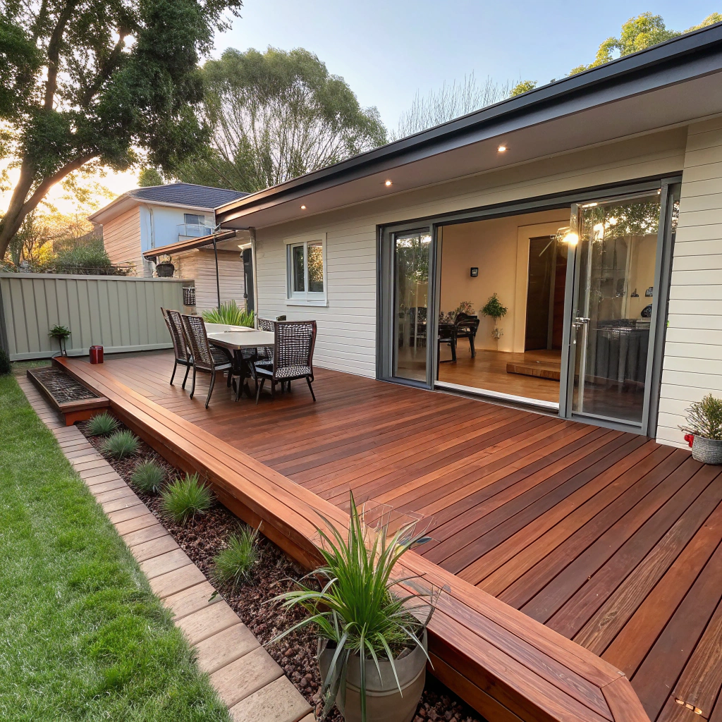 Timber deck with outdoor furniture in Adelaide backyard entertaining area