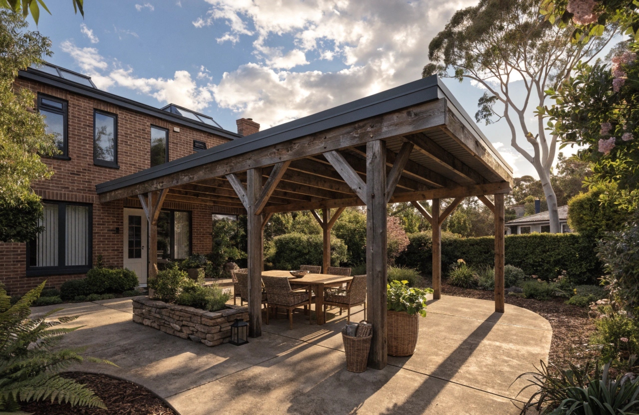 Attached timber pergola with Colorbond roofing on a modern Adelaide home