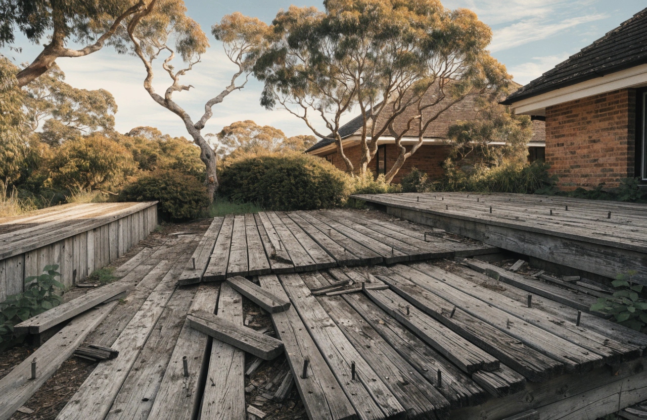 wide-shot-of-a-weathered-timber-deck-in-a-suburban Weathered and deteriorating timber deck in Adelaide suburban backyard showing board splitting and grey surface